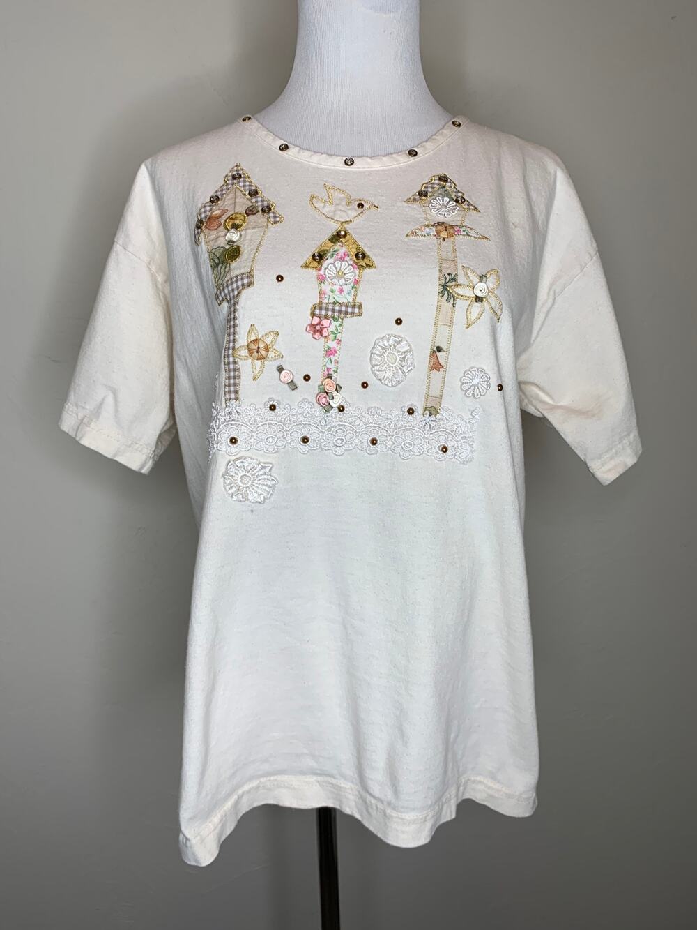 90s Cream Birdhouse Embellished T Shirt Sz Large